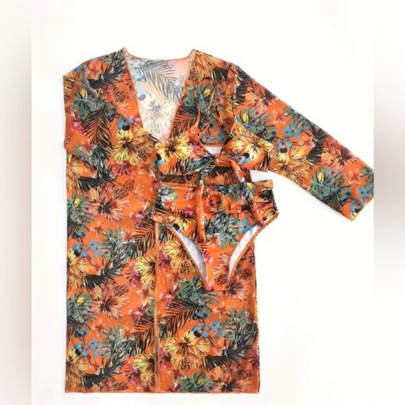 Orange Tropical Bikini & Cover Up, Print High Stretch 3 Piece - Picture 3 of 6